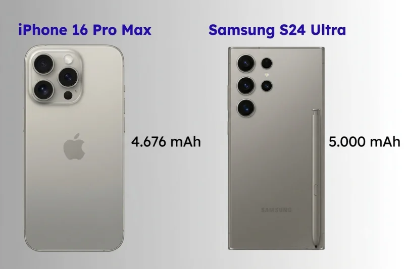 Samsung S24 Ultra sở hữu viên pin 5.000 mAh, vượt trội hơn so với dung lượng 4.685 mAh trên iPhone 16 Pro Max
