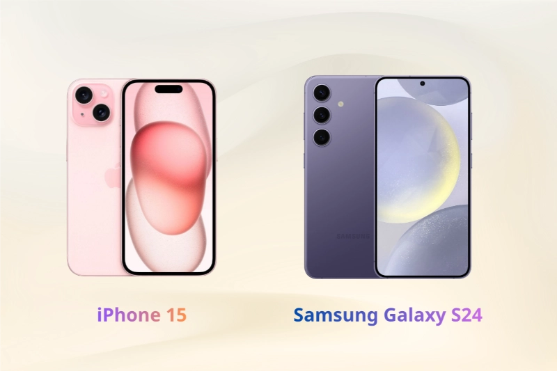 iPhone 15 có mặt lưng kính pha màu, Samsung S24 viền mỏng, hiển thị tối ưu.