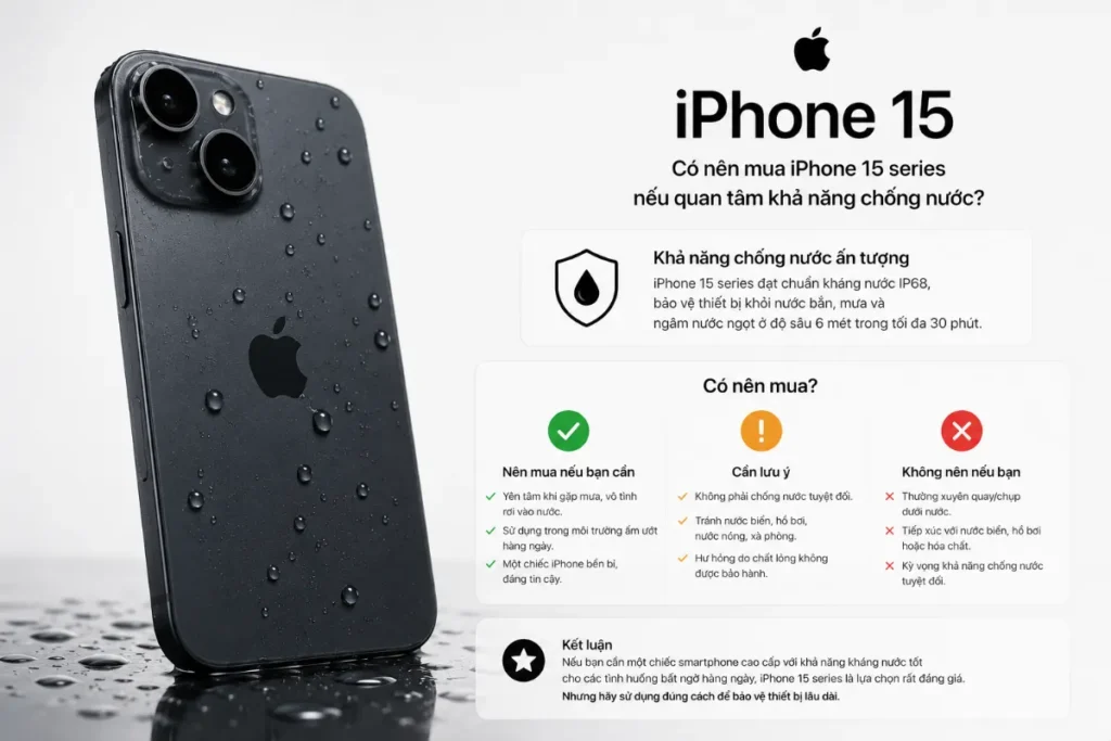 Việc lựa chọn iPhone 15 series ở thời điểm hiện tại không nên chỉ dựa vào chuẩn IP, vì khả năng chống nước chỉ là một lớp bảo vệ phụ trong quá trình sử dụng.