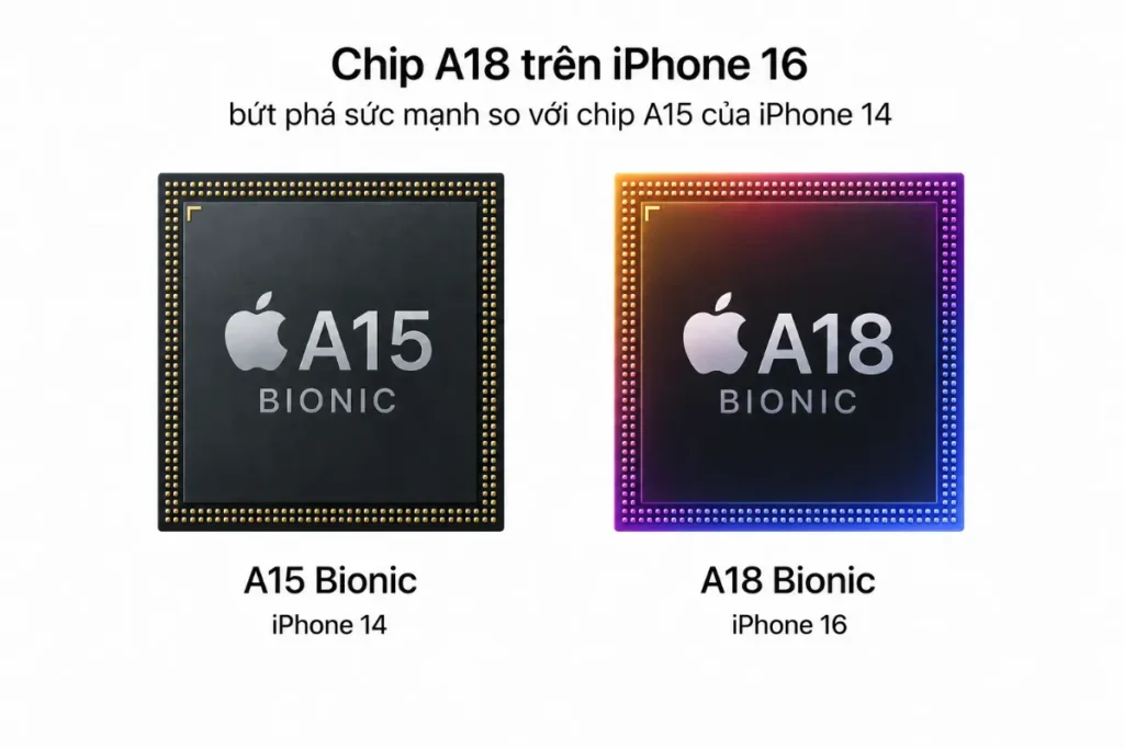 Chip A18 trên iPhone 16 bứt phá sức mạnh so với chip A15 của iPhone 14