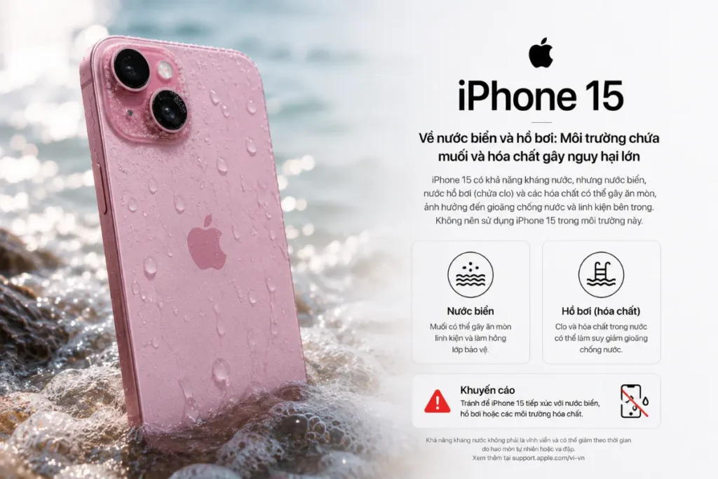 Nếu bạn mang iPhone 15 đi bơi hoặc tắm biển mà không có túi chống nước chuyên dụng, rủi ro máy bị hỏng mạch bên trong là cực kỳ cao.