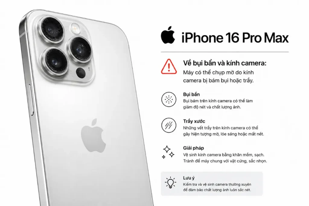 Về bụi bẩn và kính camera: iPhone 16 Pro Max có thể chụp mờ do kính bám bụi hoặc trầy xước