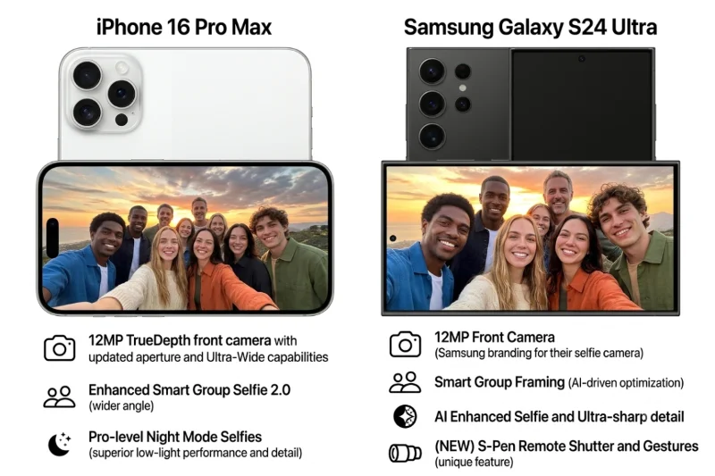 Về camera trước: Samsung S24 Ultra và iPhone 16 Pro Max khác biệt ở selfie