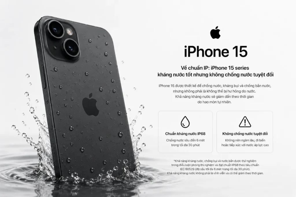 Chuẩn IP68 trên iPhone 15 series cho thấy máy có khả năng kháng bụi và kháng nước trong điều kiện thử nghiệm kiểm soát.