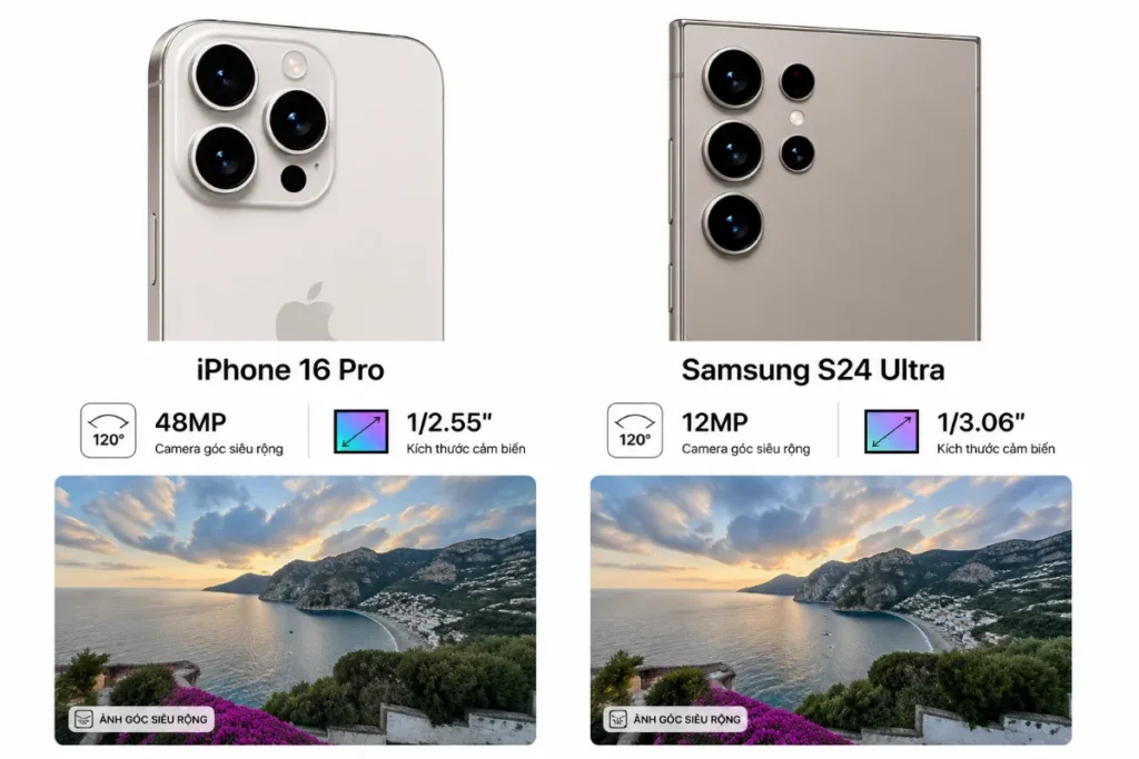 Về camera góc siêu rộng: iPhone 16 Pro nhỉnh hơn Samsung S24 Ultra nhờ cảm biến 48MP sắc nét
