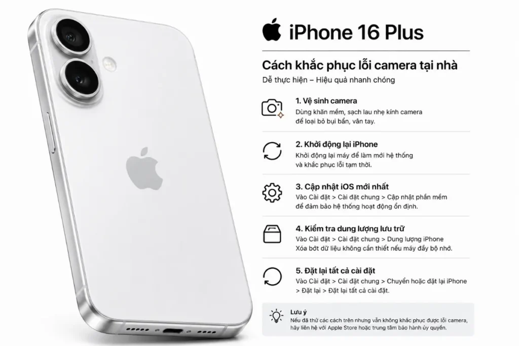 Một số lỗi camera iPhone 16 Plus có thể tự xử lý nếu nguyên nhân đến từ app, cài đặt, bộ nhớ, bụi bẩn hoặc phần mềm.