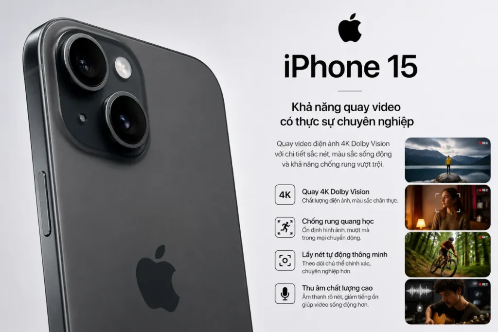 iPhone 15 cho phép quay video 4K ở 60 khung hình/giây, hỗ trợ chuẩn Dolby Vision HDR.