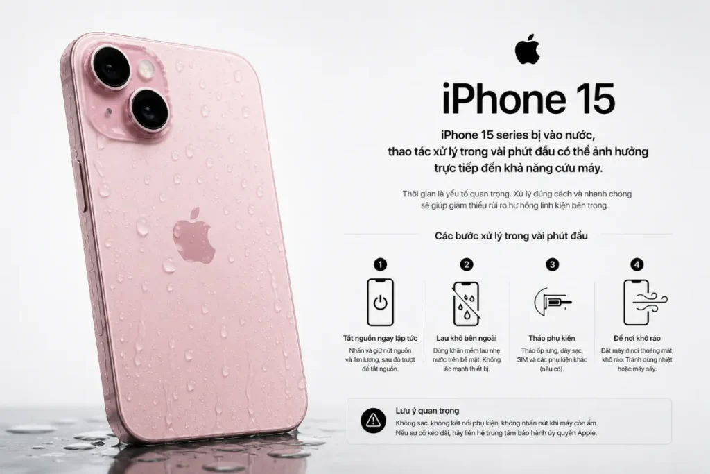 Khi iPhone 15 series bị vào nước, thao tác xử lý trong vài phút đầu có thể ảnh hưởng trực tiếp đến khả năng cứu máy.