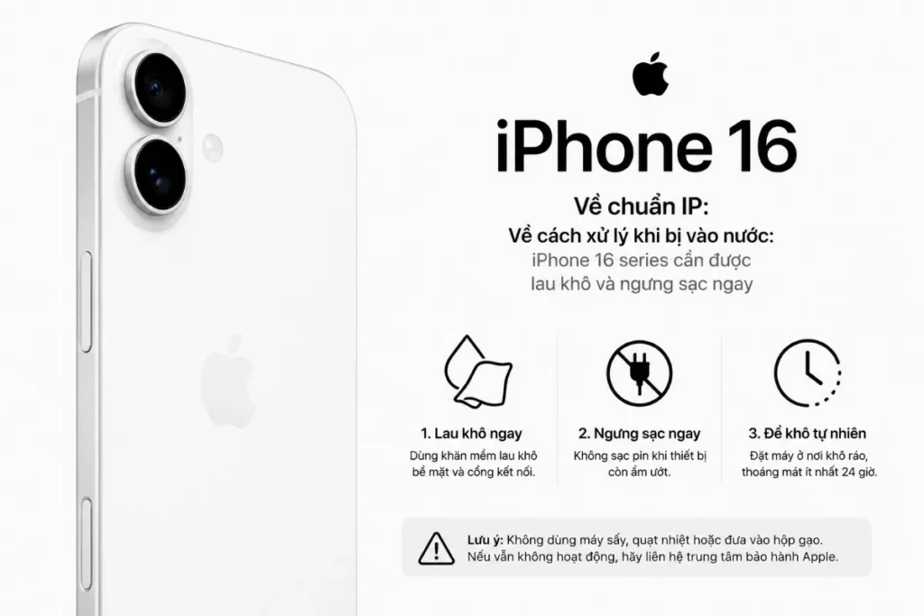 Về cách xử lý khi bị vào nước: iPhone 16 series cần được lau khô và ngưng sạc ngay