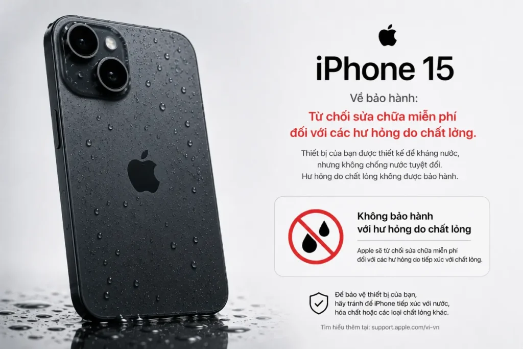 Apple quy định rất rõ ràng rằng hãng từ chối bảo hành miễn phí cho những chiếc iPhone 15 series bị hư hỏng do chất lỏng lọt vào bên trong.