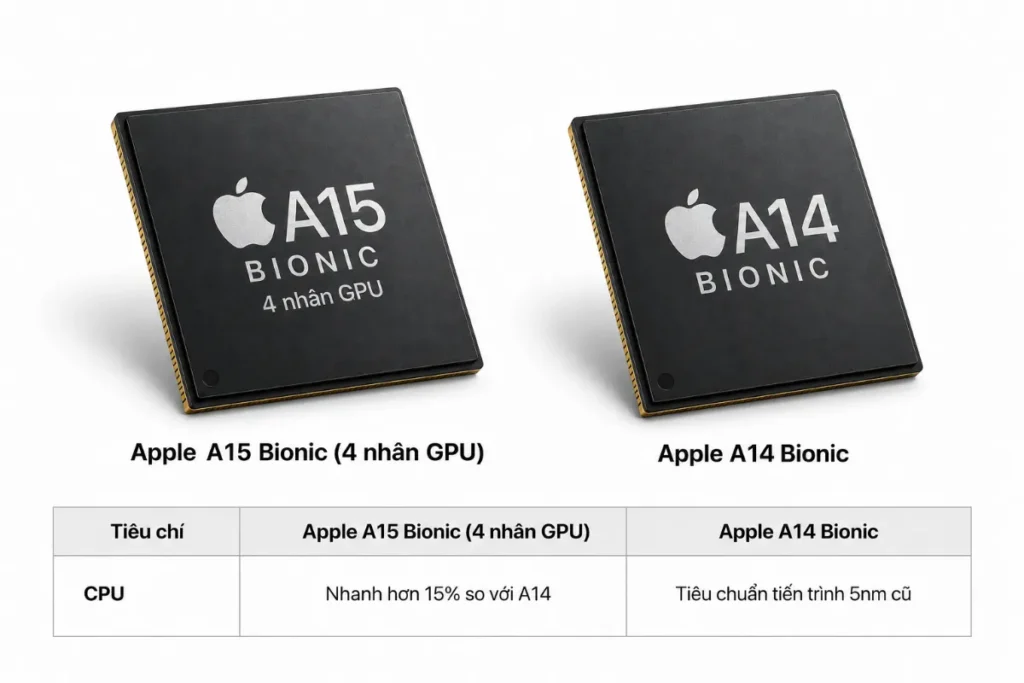 Khi đặt lên bàn cân so sánh với dòng chip cũ tiền nhiệm là Apple A14 Bionic (trên dòng iPhone 12 series), kiến trúc mới của A15 mang lại những bước tiến vô cùng bứt phá về cả hiệu năng lẫn thời lượng sử dụng pin thực tế.