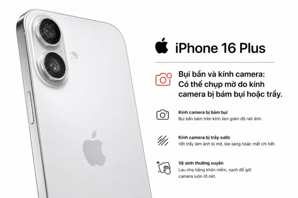 Kính bảo vệ bên ngoài của iPhone 16 Plus rất dễ bám dấu vân tay, mồ hôi hoặc bụi bẩn trong túi quần sau thời gian dài sử dụng.