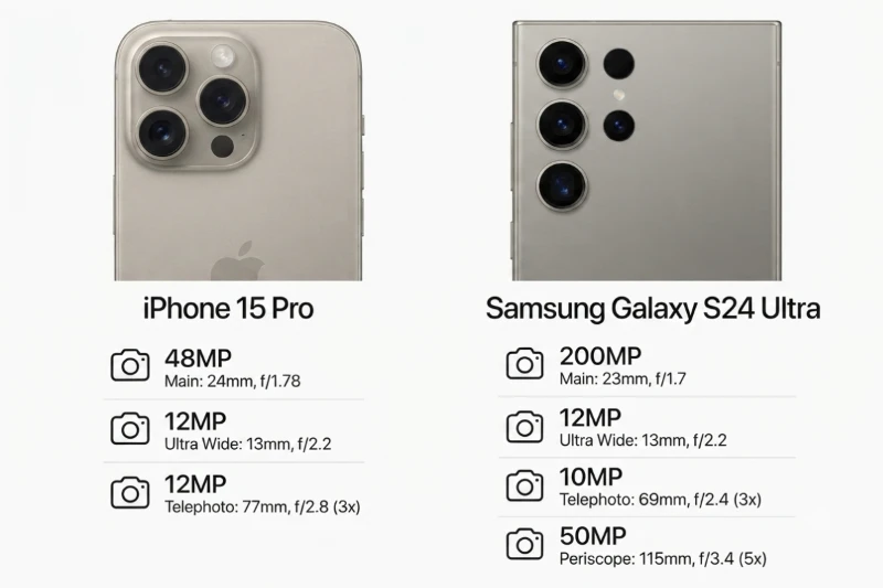 Về camera chính: Samsung Galaxy S24 Ultra vượt trội về độ chi tiết, iPhone 15 Pro thắng về độ ổn định
