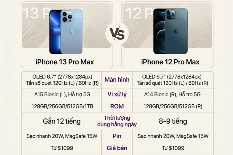 So sánh các thông số giữa iPhone 12 Pro Max và iPhone 13 Pro Max
