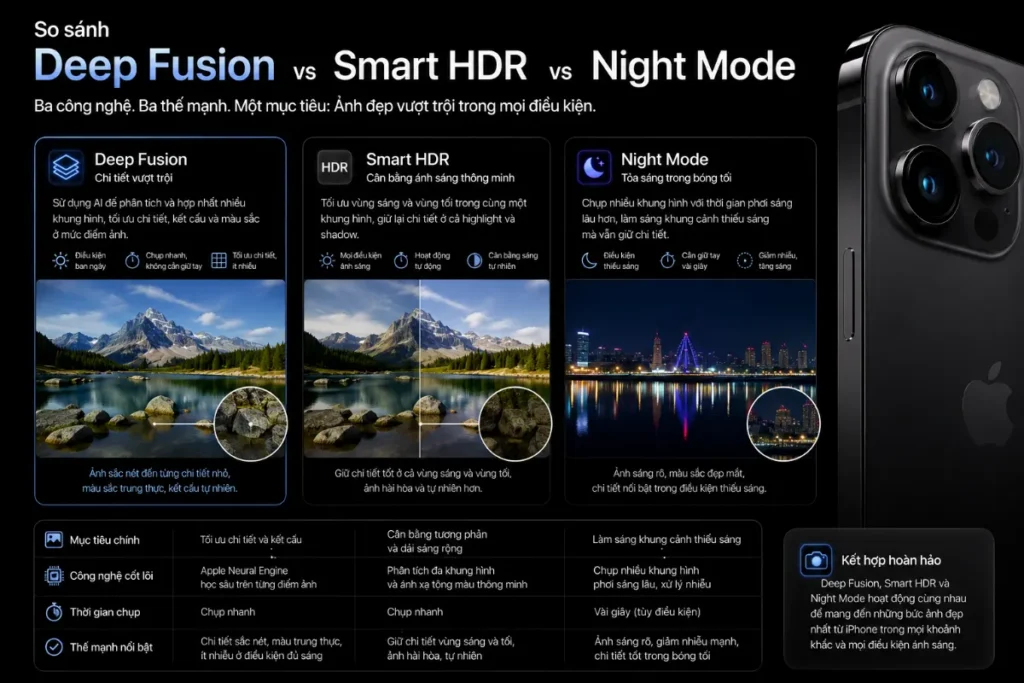 So sánh Deep Fusion với Smart HDR và Night Mode