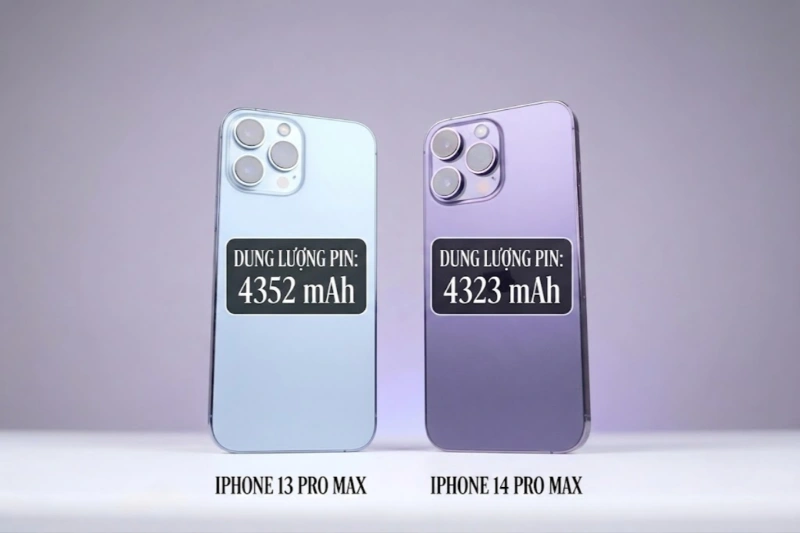 iPhone 13 Pro Max được trang bị viên pin lớn hơn với mức dung lượng 4.352 mAh, trong khi iPhone 14 Pro Max lại bị cắt giảm nhẹ xuống còn 4.323 mAh