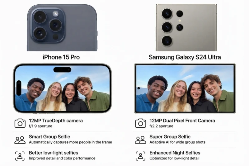 Về camera trước: iPhone 15 Pro và Samsung Galaxy S24 Ultra khác biệt ở selfie, gọi video và lấy nét