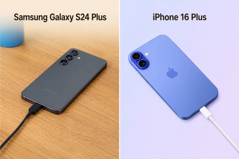 Về tốc độ sạc, S24 Plus chiếm ưu thế với công suất 45W, bỏ xa mức 25W trên iPhone 16 Plus.
