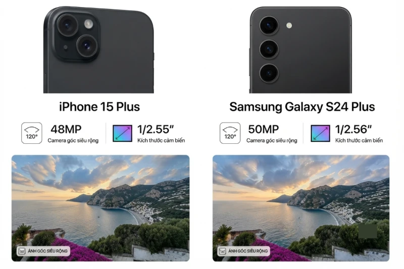 Về camera góc siêu rộng: Samsung Galaxy S24 Plus và iPhone 15 Plus đều cho góc nhìn bao quát tốt
