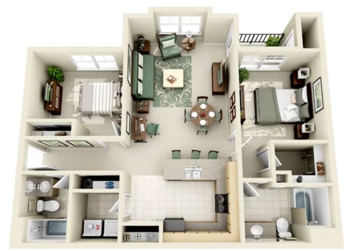 Thiết kế căn hộ chung cư 50m2 2 phòng ngủ với nội thất hợp phong thủy