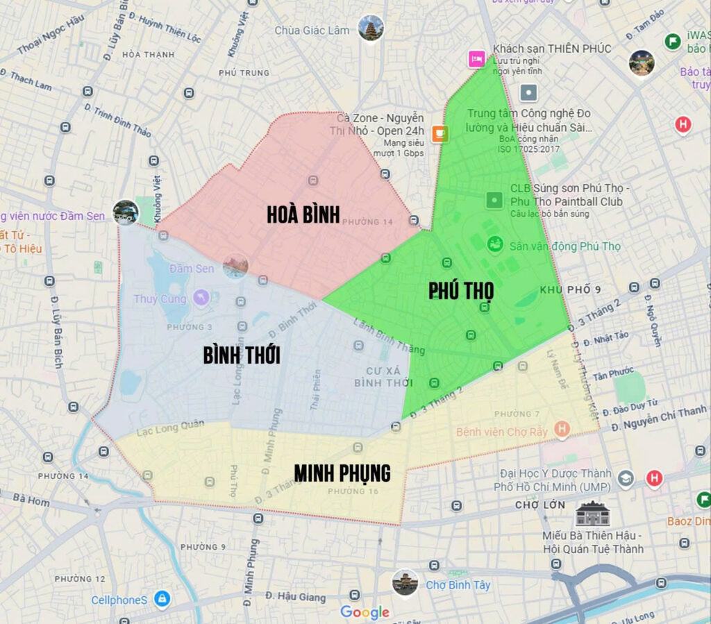 Quận 11 sau sáp nhập trở thành những phường nào? Bản đồ Quận 11 sau sáp nhập trở thành các phường Hoà Bình, Phú Thọ, Bình Thới, Minh Phụng
