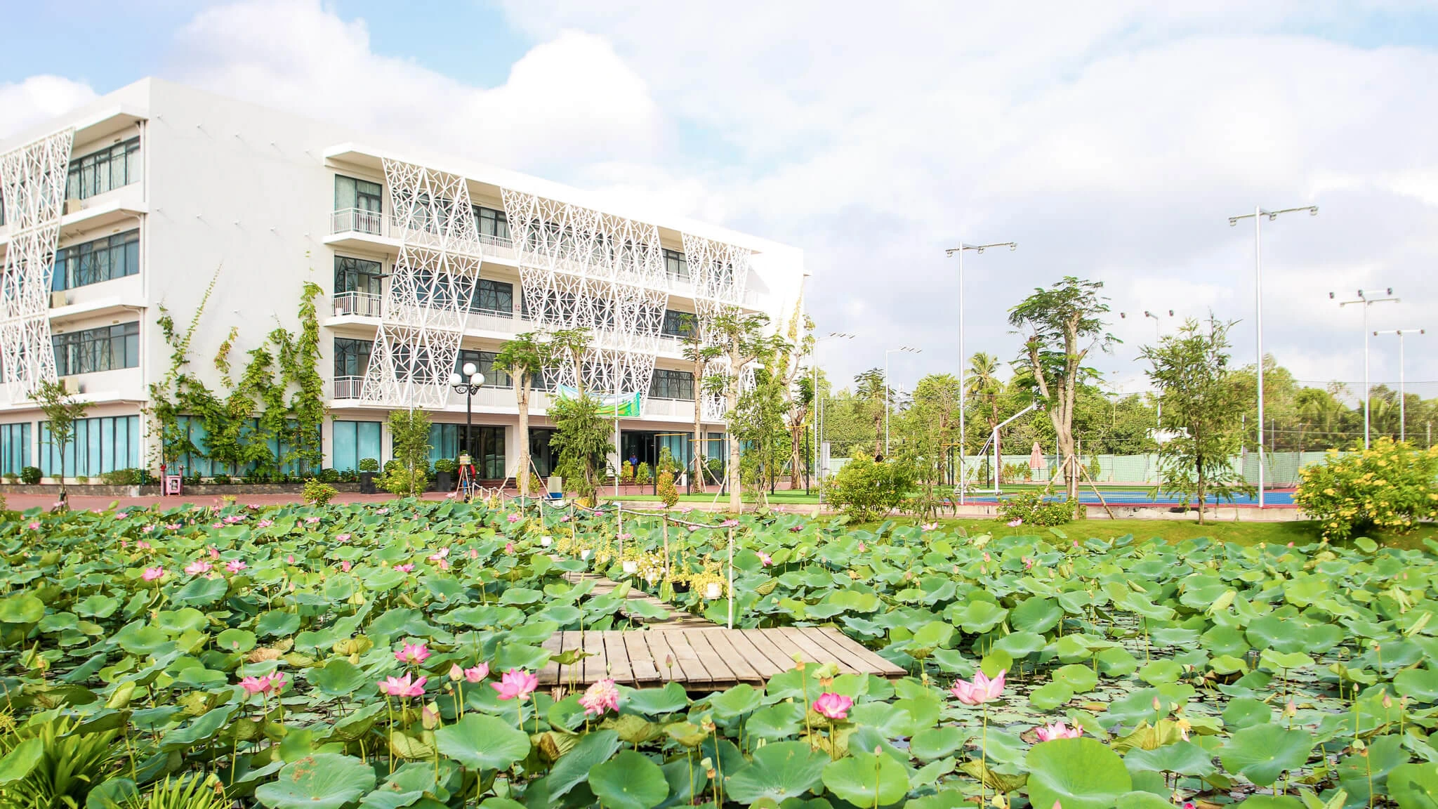 Khuôn viên hồ sen thanh bình tại Trường Đại học FPT Cần Thơ, điểm nhấn xanh mát giữa các trường đại học ở Cần Thơ
