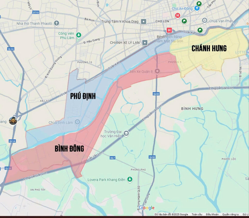 Quận 8 sau sáp nhập trở thành những phường nào? Bản đồ Quận 8 cũ TP.HCM với các phường mới: phường Phú Định, Chánh Hưng, Bình Đông