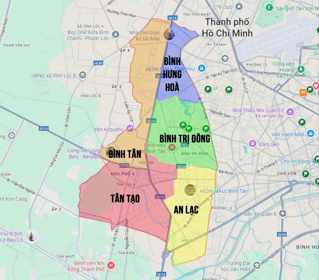 Bản đồ quận Bình Tân sau sắp xếp trở thành các phường: An Lạc, Bình Trị Đông, Bình Tân, Bình Hưng Hoà, Tân Tạo
