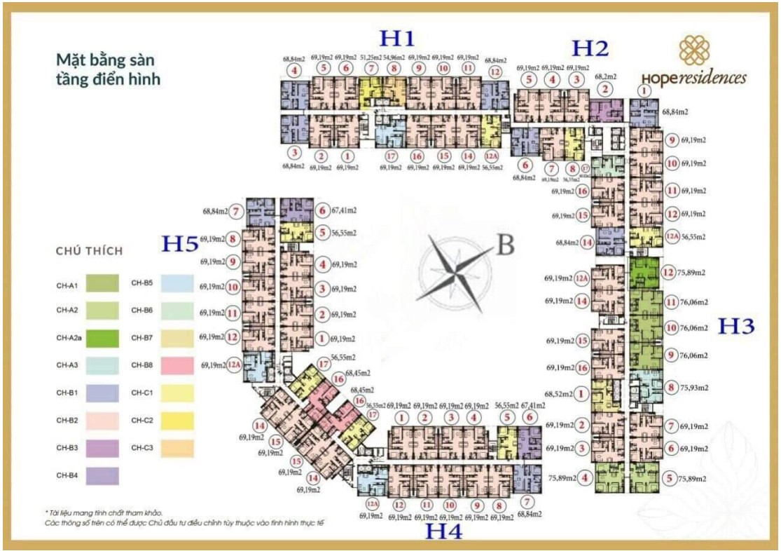 Sơ đồ mặt bằng tầng điển hình tại dự án Hope Residence