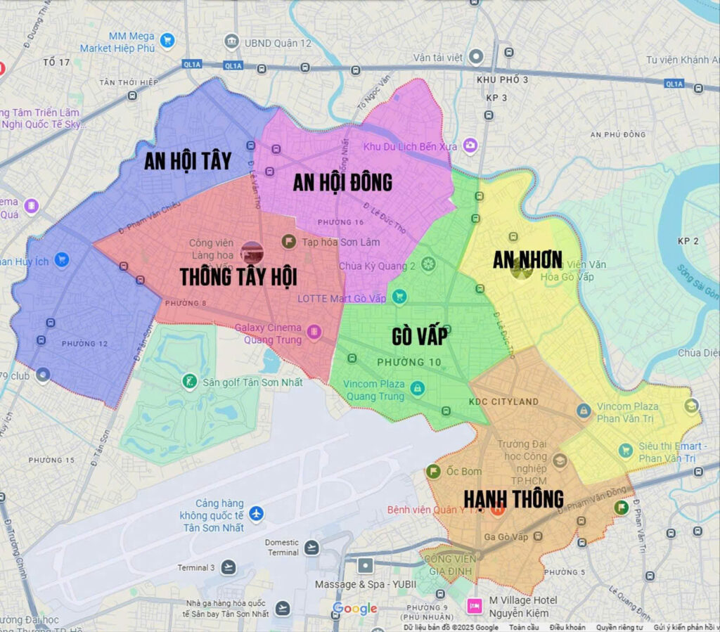 Quận Gò Vấp sau sáp nhập trở thành những phường nào? Bản đồ sau sắp xếp Quận Gò Vấp trở thành: Phường An Hội Tây, Thông Tây Hội, Gò Vấp, Hạnh Thông, An Nhơn, An Hội Đông