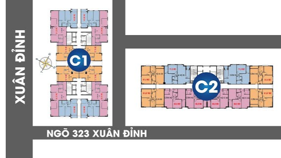 Sơ đồ mặt bằng căn hộ 2 phòng ngủ điển hình tại C1 C2 Xuân Đỉnh