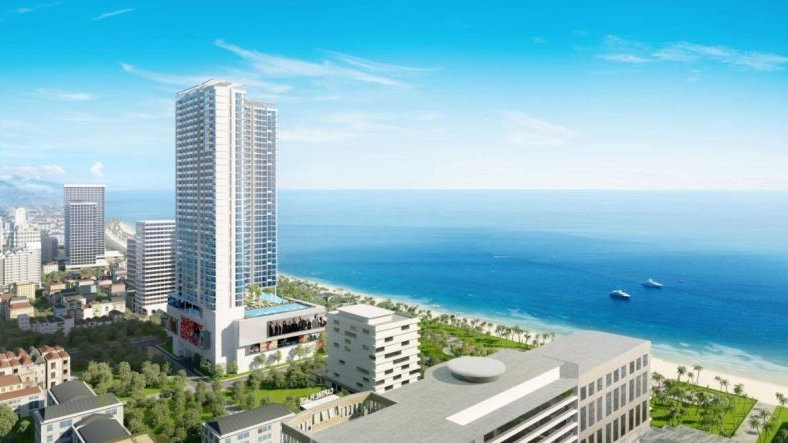 Toàn cảnh khách sạn và căn hộ Mường Thanh Quê Hương trên đường Trần Phú