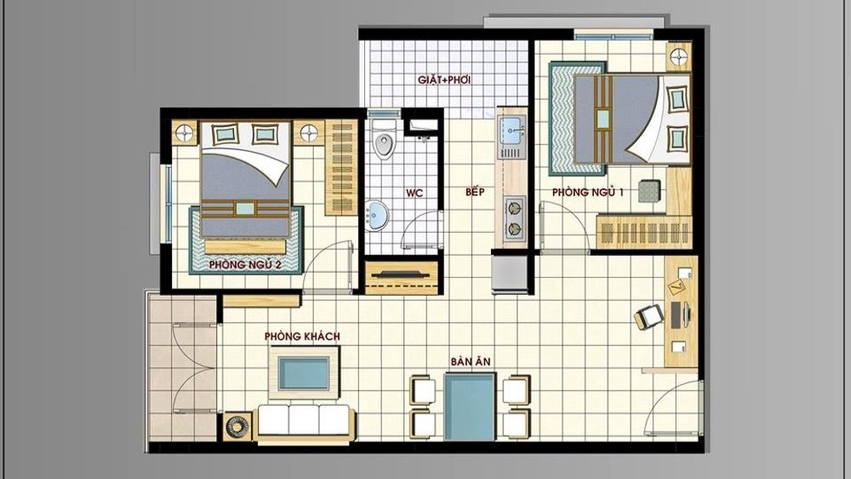 Sơ đồ mặt bằng căn hộ 2 phòng ngủ điển hình tại chung cư Vicoland Huế