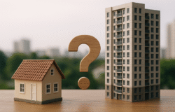 Mô hình nhà phố và chung cư đặt cạnh nhau với dấu hỏi giữa, tượng trưng cho sự phân vân khi lựa chọn