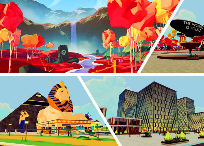 Không gian 3D mô phỏng bất động sản metaverse với công trình và thiên nhiên ảo