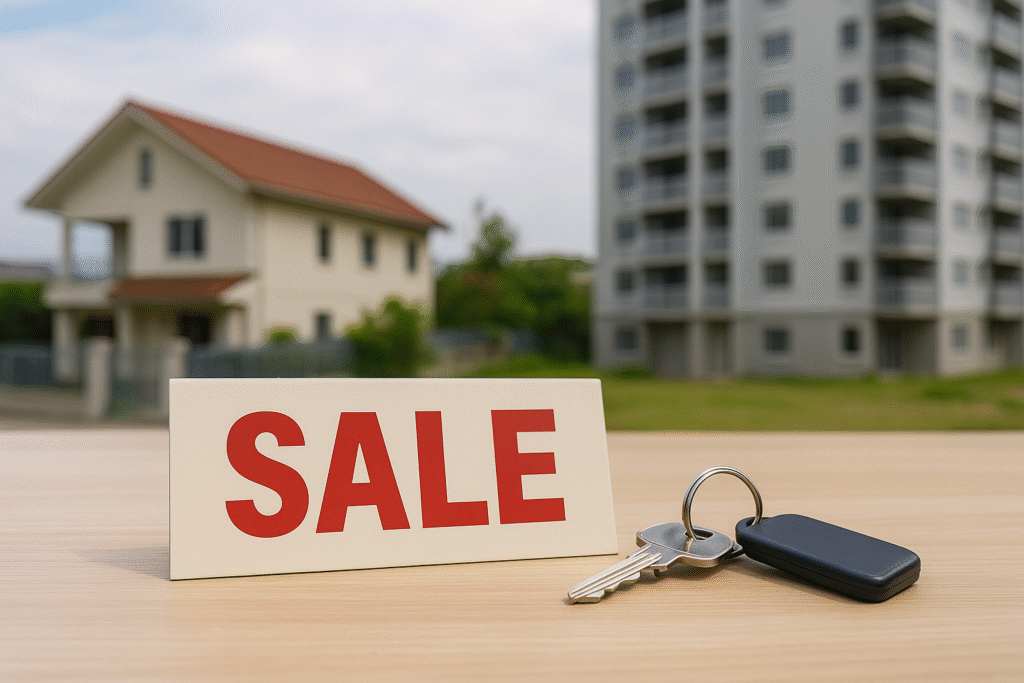 Có nên bán nhà mặt đất để mua chung cư không? Bảng “SALE” cùng chìa khóa đặt trên bàn, phía sau là nhà mặt đất và tòa chung cư mờ nền, biểu thị cho quyết định bán nhà để chuyển sang chung cư