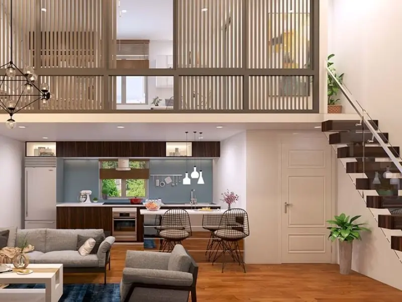 Không gian phòng khách và bếp trong chung cư mini hiện đại, minh họa cho ưu nhược điểm chung cư mini khi thiết kế thông minh nhưng diện tích giới hạn.