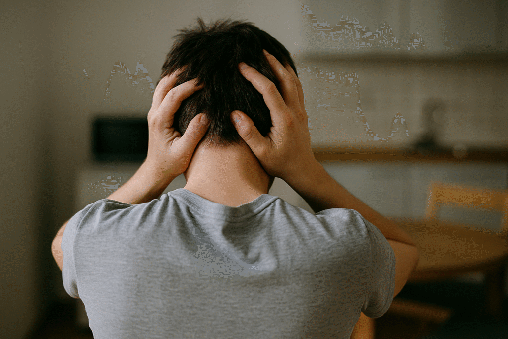 Tầng trên chung cư ồn ào, nên làm gì? người đàn ông ôm đầu bit tai vì tiếng ồn