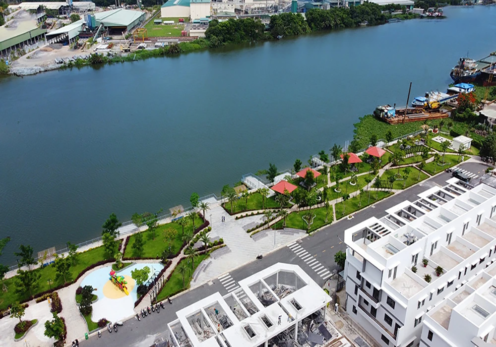 Toàn cảnh Khu dân cư The Pearl Riverside ven sông Vàm Cỏ Đông, Bến Lức