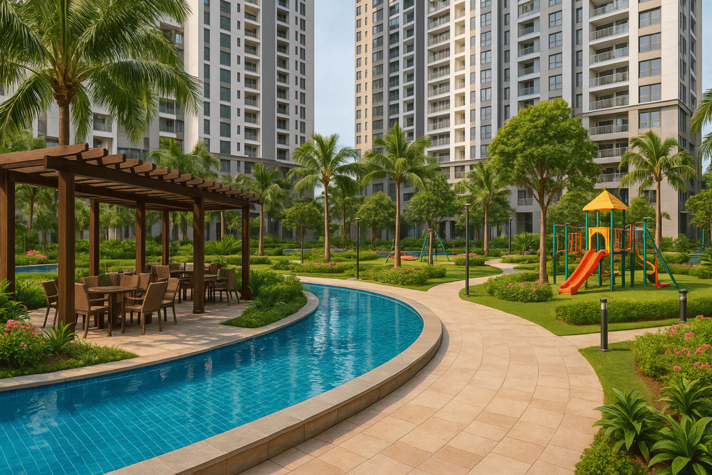 Khuôn viên chung cư hiện đại với công viên cây xanh, khu vui chơi trẻ em và khu nghỉ chân có mái che.