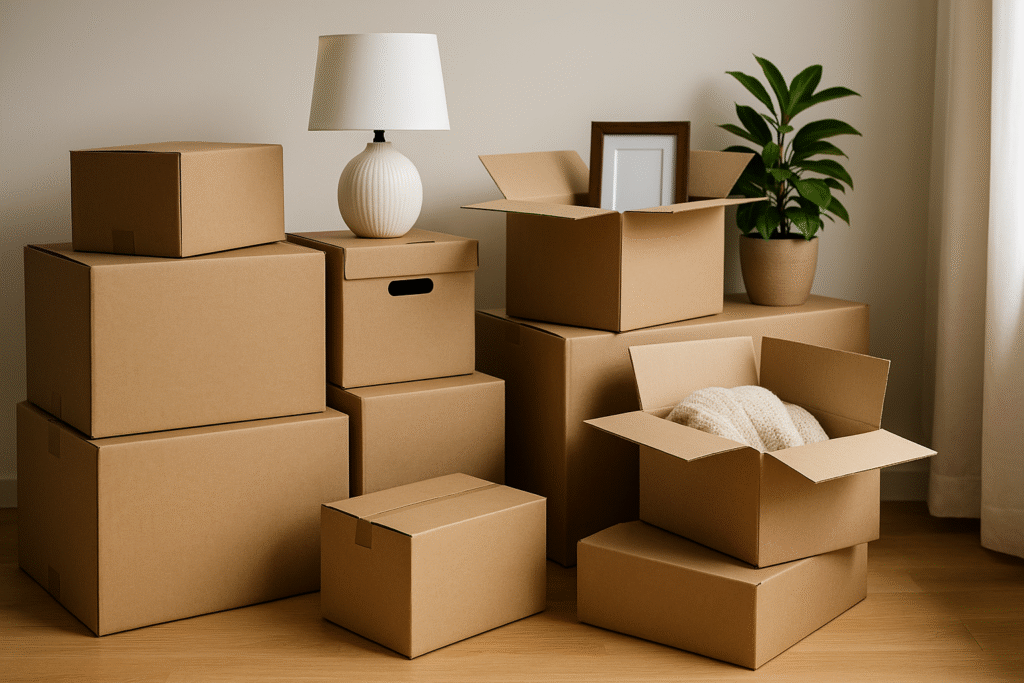 Không muốn sống chung với bố mẹ chồng, tôi phải làm sao? Nhiều thùng carton đóng gói đồ đạc trong phòng khách, sẵn sàng cho việc chuyển nhà.