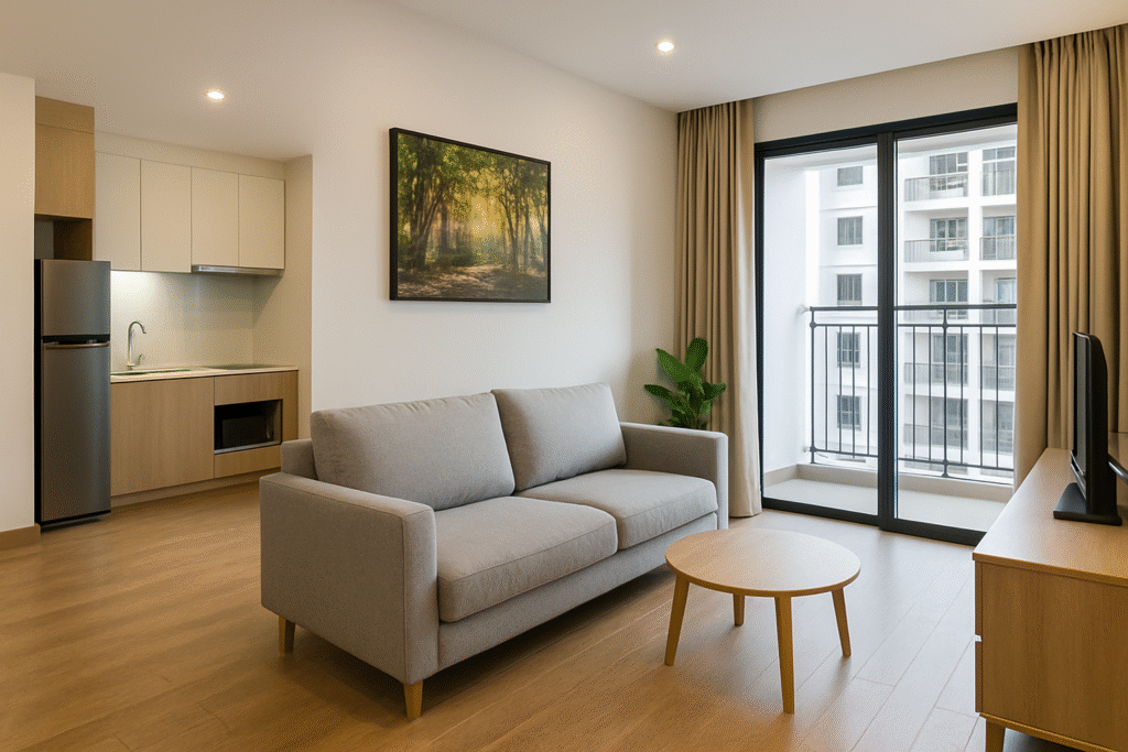 Ưu và nhược điểm khi ở chung cư Phòng khách căn hộ chung cư hiện đại với sofa xám, bàn trà gỗ, tranh treo tường, cửa kính lớn mở ra ban công hướng nhìn sang các tòa nhà bên cạnh.