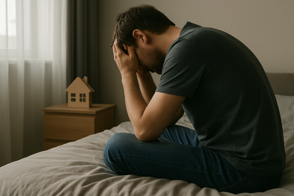 Có cần gánh nợ cả cuộc đời để mua căn hộ ở trung tâm thành phố? Người đàn ông ngồi trên giường, ôm đầu suy nghĩ, phía sau là mô hình ngôi nhà nhỏ trên bàn cạnh cửa sổ.
