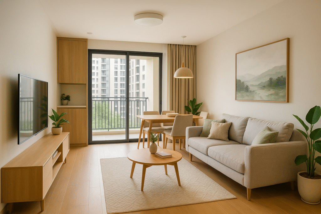 Phòng khách căn hộ chung cư hiện đại với nội thất gỗ sáng, sofa màu kem, cửa kính lớn và ban công nhìn ra cụm tòa nhà cao tầng.