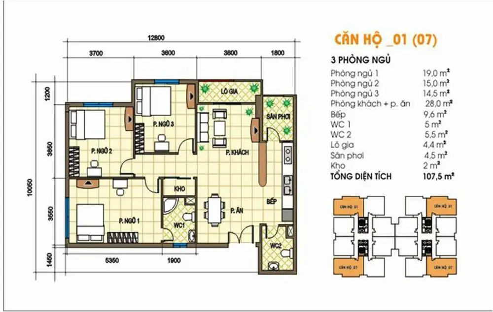 Mặt bằng điển hình căn hộ tại Cao ốc Nguyễn Phúc Nguyên