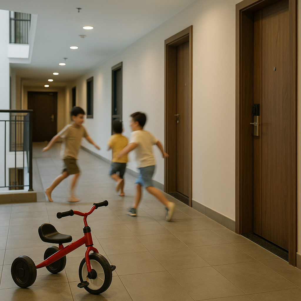 Cuộc sống chung cư không hẳn lúc nào cũng “sướng” rẻ em chạy chơi trong hành lang chung cư với một chiếc xe ba bánh màu đỏ phía trước – thể hiện sự náo nhiệt không mong đợi trong không gian chung.