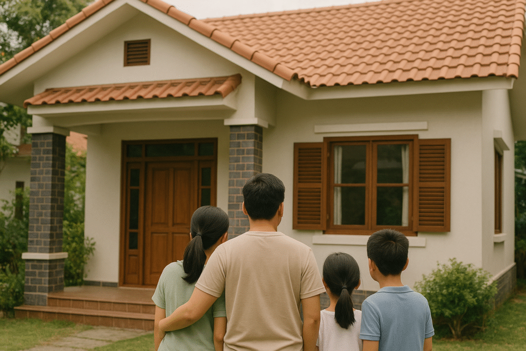 Gia đình bốn người đứng trước căn nhà một tầng mái ngói kiểu Việt ở vùng ven.
