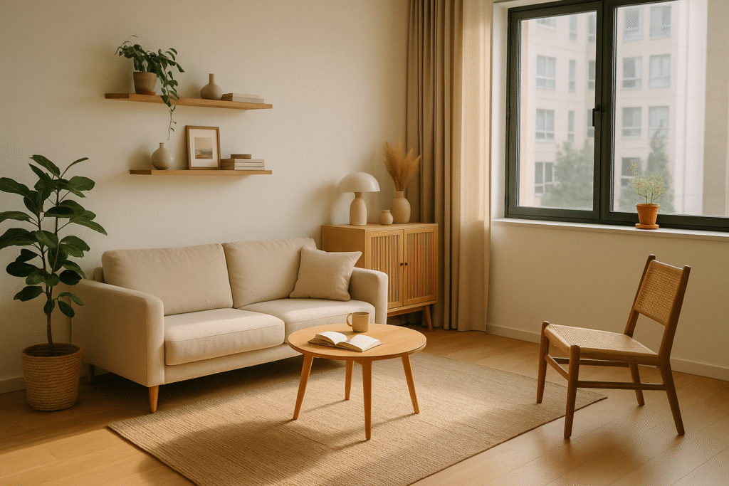 Sống một mình có tốt không? Căn hộ tối giản với sofa màu be, bàn trà gỗ, một chiếc ghế đơn và ánh sáng dịu từ cửa sổ – thể hiện cuộc sống một mình yên bình.