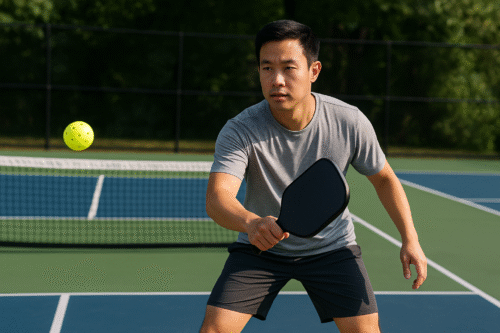 Nam thanh niên mặc đồ thể thao đang tập trung chơi pickleball trên sân ngoài trời.