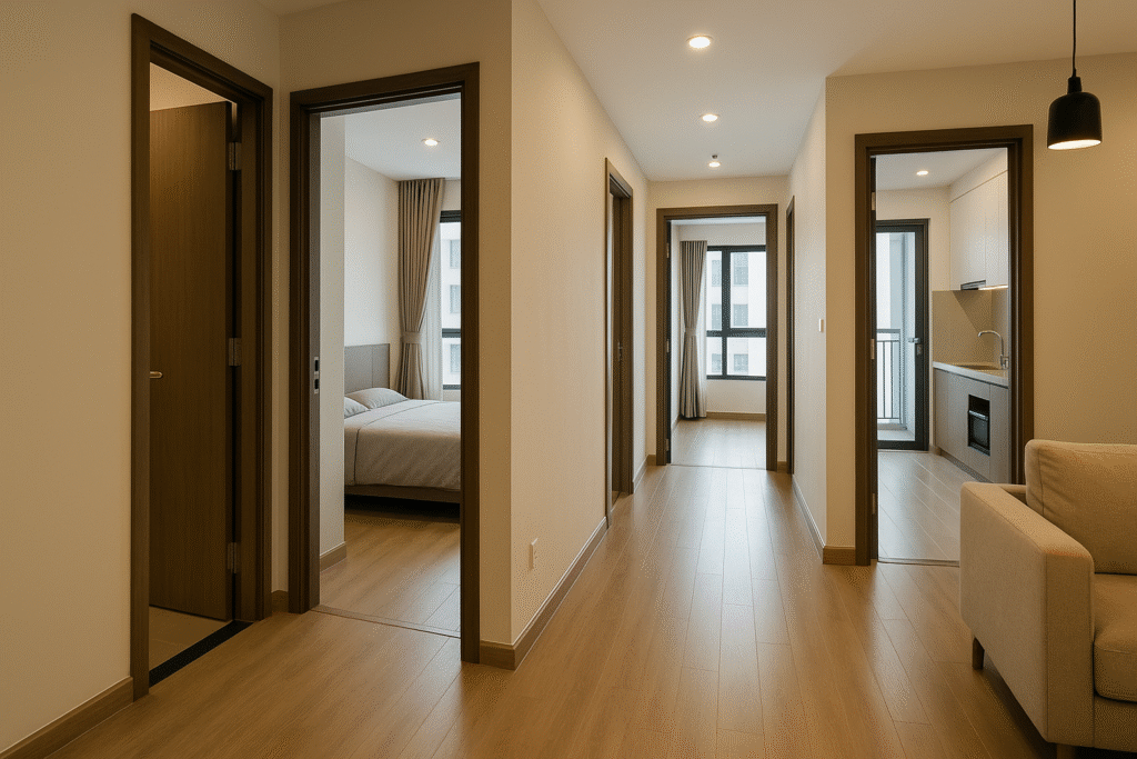 Lối đi bên trong căn hộ chung cư hiện đại với nhiều cửa phòng, sàn gỗ và ánh sáng tự nhiên.